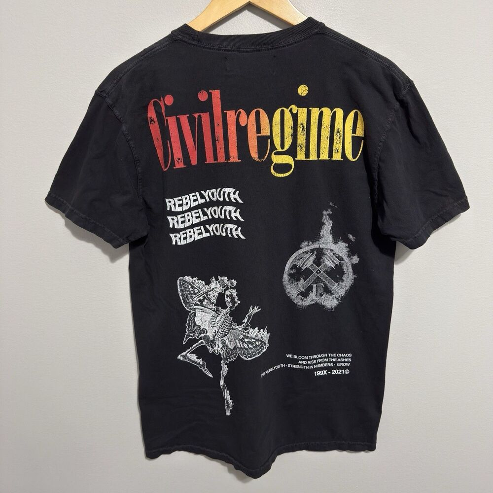 Civil Regime Mens Medium Black Graphic T Shirt Skull Flame Butterfly Streetwear